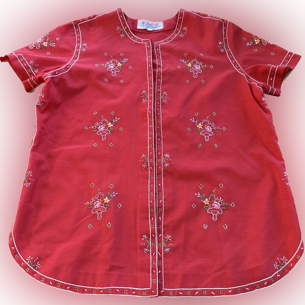 Vintage Hand Embroidered Floral Red Button Short Sleeve Blouse L